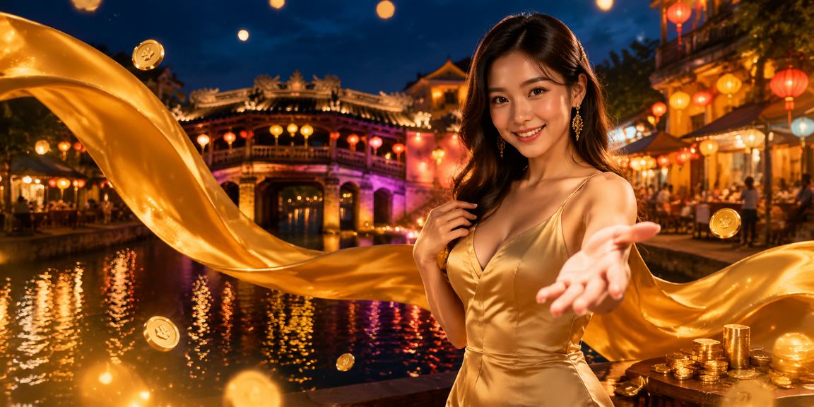 Cảnh chợ đêm Hội An về buổi tối với ánh đèn lồng và người dùng kiểm tra kèo trên điện thoại