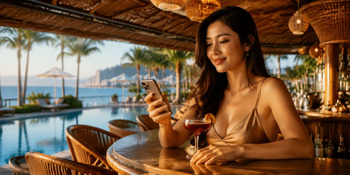 Phụ nữ đội nón lá chơi slot game trực tuyến tại Nha Trang
